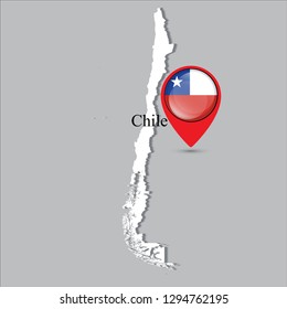 Chile map with white shadow and country name on the map. Check-in point with a national flag on a gray background.
