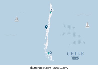 Chile Map -World Map International vector template High detailed with white color isolated on blue background including simple point of location, tree, boat icon - Vector illustration eps 10