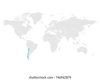 Chile marked by blue in grey World political map. Vector illustration.