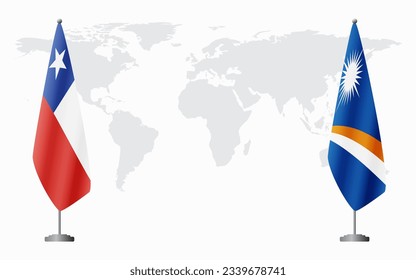 Banderas de Chile y las Islas Marshall para una reunión oficial en el fondo del mapa mundial.