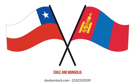 Chile and Mongolia Flags Crossed And Waving Flat Style. Official Proportion. Correct Colors.