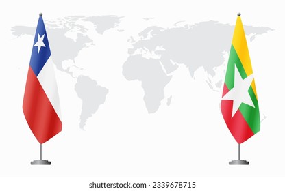 Chile and Myanmar flags for official meeting against background of world map.