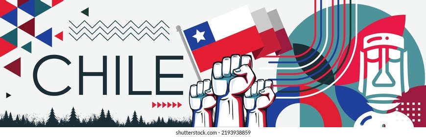 Chile National day banner with abstract shapes. Chile flag. Red blue triangles with raised hands or fists. Moai landmarks. Vector Illustration.