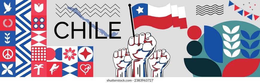 CHILE national day banner with map, flag colors theme background and geometric abstract retro modern colorfull design with raised hands or fists.