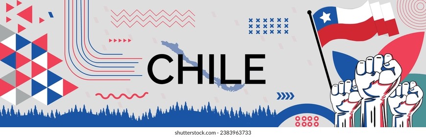 CHILE national day banner with map, flag colors theme background and geometric abstract retro modern colorfull design with raised hands or fists.