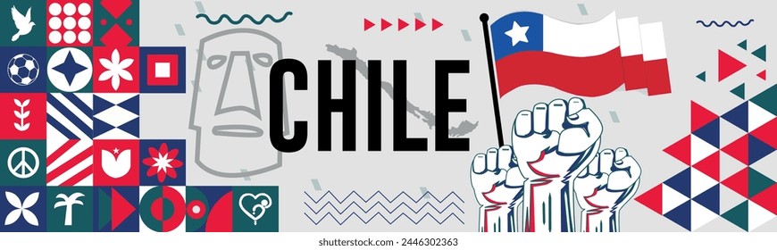 CHILE Anuncio de día nacional con mapa, colores de la bandera de fondo y geométrico abstracto retro moderno diseño colorido con las manos o los puños levantados.