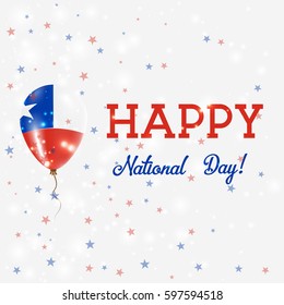 Chile National Day patriotic poster. Flying Rubber Balloon in Colors of the Chilean Flag. Chile National Day background with Balloon, Confetti, Stars, Bokeh and Sparkles.
