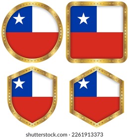 Chile National Flag Collection Set of Circular, Square, Shield, Hexagon Gold Border Logo Button Icon Vector Design Isolated on White Background