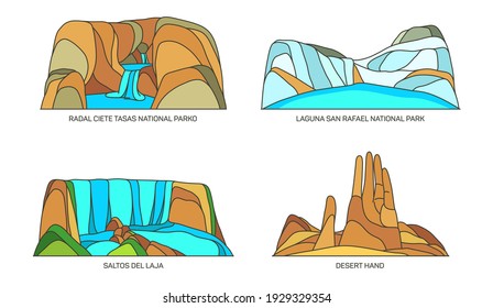 Chile natural landmarks, national parks and travel landscape, vector sightseeing places. Chile natural scenery landmarks of laguna San Rafael, Saltos del Lja river cascade and desert hand sculpture