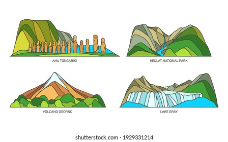 Chile natural landmarks and travel sightseeing landscapes, vector famous national parks. Osorno volcano and gray lake glacier in Chile mountains, Ahu Tongariki moais statues and Keulat national park