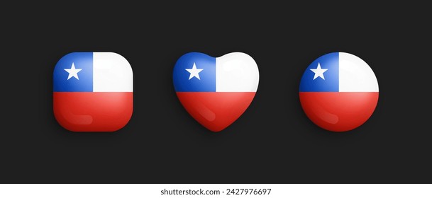 Chile Official National Flag 3D Vector Glossy Icons In Rounded Square, Heart And Circle Shapes Isolate On Black Backdrop. Chilean Sign And Symbols Graphic Design Elements Volumetric Buttons Collection