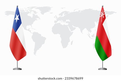 Chile and Oman flags for official meeting against background of world map.