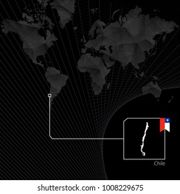 Chile on black World Map. Map and flag of Chile.