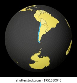 Chile on dark globe with yellow world map. Country highlighted with blue color. Satellite world projection centered on Chile. Beautiful vector illustration.