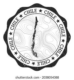 Chile outdoor stamp. Round sticker with map of country with topographic isolines. Vector illustration. Can be used as insignia, logotype, label, sticker or badge of the Chile.