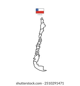 Chile outline map with division to region. Chile States map isolated on white background. Vector illustration with national flag.