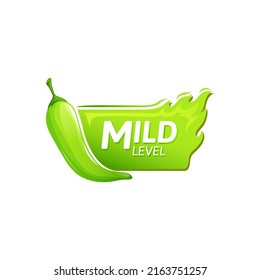 Chile pepper mild medium scale and fire flame, flavor seasoning condiment. Vector level of hot in menu, salad and salsa ingredient, green flat cartoon label meaning mild level spicy chili pepper