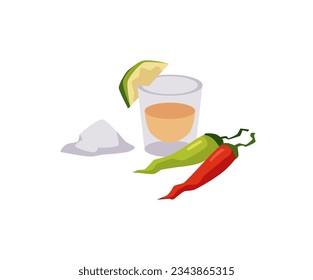 Chile peppers and glass of tequila with lime flat style, vector illustration isolated on white background. Decorative design element for restaurant or cafe, traditional Mexican food