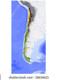 Chile. Physical vector map, colored according to elevation, with rivers, ocean depths and selected cities. Surrounding territory greyed out. 42 layers, fully editable. Data source: NASA
