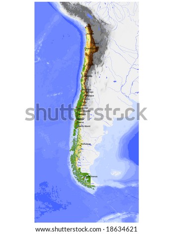 Chile. Physical vector map, colored according to elevation, with rivers, ocean depths and selected cities. Surrounding territory greyed out. 42 layers, fully editable. Data source: NASA