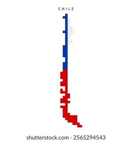 Chile pixel flag map icon. 8 bit pixel art Chilean map covered with flag. Flat vector illustration isolated on white background.