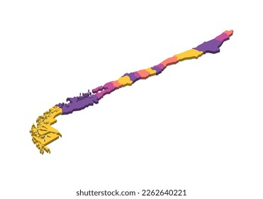 Chile political map of administrative divisions - regions. Isometric 3D blank vector map in four colors scheme.