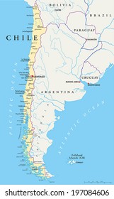 Chile Political Map with capital Santiago, with national borders, most important cities, rivers and lakes. Vector illustration with English labeling and scaling.