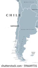 Chile political map with capital Santiago, national borders and neighbors. Republic and country in South America. Long, narrow strip of land. Gray illustration over white. English labeling. Vector.