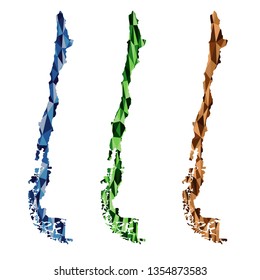 Chile polygonal maps set background low poly style green, blue, brown colors vector illustration eps
