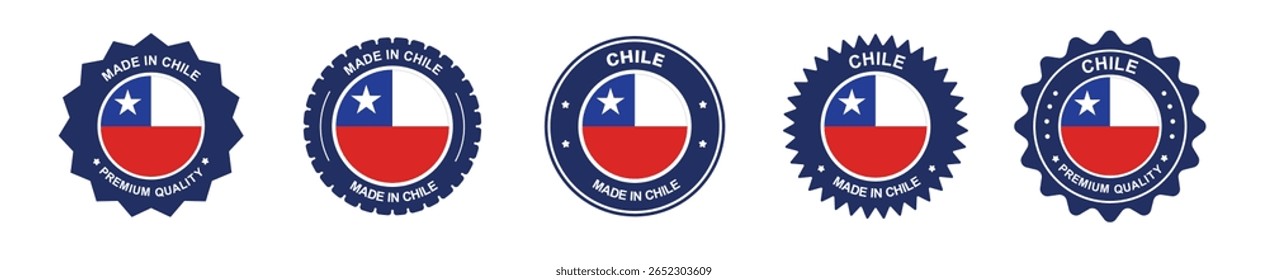 Conjunto de etiquetas de produto do Chile. Bandeira chilena, prêmio feito no Chile. Etiquetas, selos, carimbos, bandeiras, ícones
