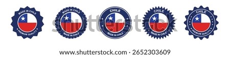 Chile product label set. Chilean flag, premium made in Chile. Labels, seals, stamps, flags, icons
