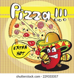 Chile Red Pepper and extra hot Pizza - vector card