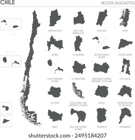 Chile region silhouettes set and blank map of the country isolated on white background. Vector illustration design