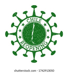 Chile Reopening Stamp. Green round badge of country with map of Chile. Country opening after lockdown. Vector illustration.