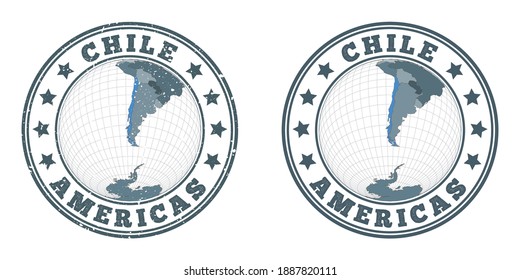 Chile round logos. Circular badges of country with map of Chile in world context. Plain and textured country stamps. Vector illustration.