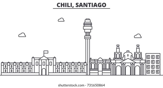 Chile, Santiago architecture line skyline illustration. Linear vector cityscape with famous landmarks, city sights, design icons. Landscape wtih editable strokes