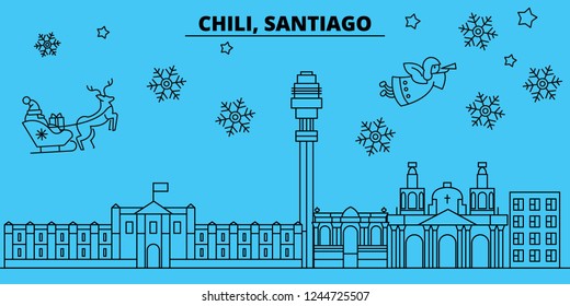 Chile, Santiago de Chile winter holidays skyline. Merry Christmas, Happy New Year decorated banner with Santa Claus.Chile, Santiago de Chile linear christmas city vector flat illustration
