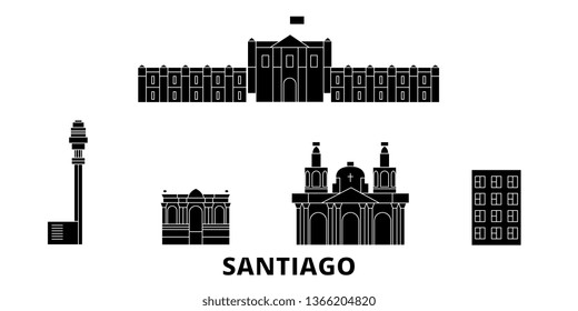 Chile, Santiago flat travel skyline set. Chile, Santiago black city vector illustration, symbol, travel sights, landmarks.