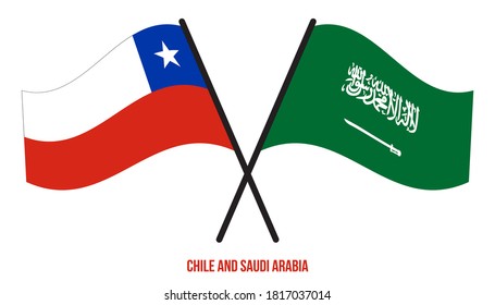 Banderas de Chile y Arabia Saudita Cruzadas y ondeando estilo plano. Proporción oficial. Colores correctos.