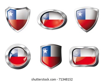 Chile set shiny buttons and shields of flag with metal frame - vector illustration. Isolated abstract object against white background.