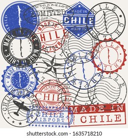 Chile Set of Stamps. Travel Passport Stamps. Made In Product. Design Seals in Old Style Insignia. Icon Clip Art Vector Collection.