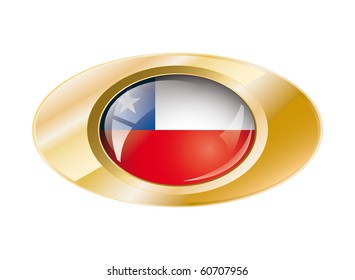 Chile shiny button flag with golden ring vector illustration. Isolated abstract object against white background.