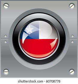 Chile shiny button flag vector illustration. Isolated abstract object on metal background.
