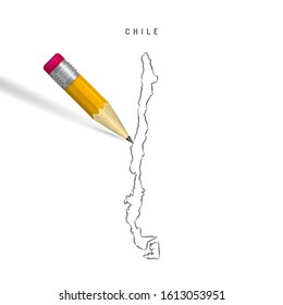 Chile sketch outline map isolated on white background. Empty hand drawn vector map of Chile. Realistic 3D pencil with soft shadow.