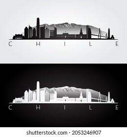 Chile skyline and landmarks silhouette, black and white design, vector illustration.