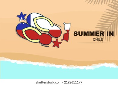 Chile summer holiday vector banner, beach vacation concept, flip flops sunglasses starfish on sand, copy space area, Chile summer travel and tourism idea with flag