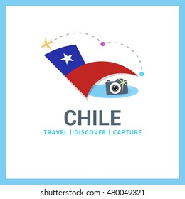 Chile Travel, Discover, Capture logo - Vector travel Photographer logo design - Country Flag Travel, Discover and Photgrapher Conceptual logotype - vector illustration