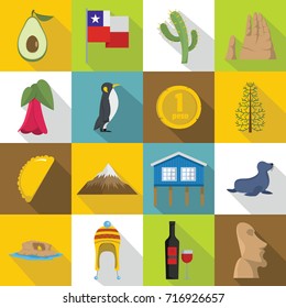 Chile travel icons set. Flat illustration of 16 Chile travel vector icons for web