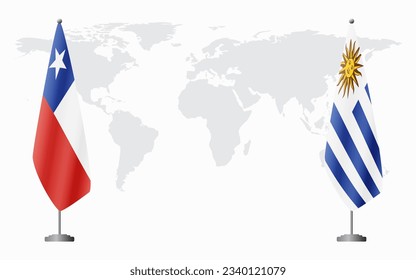 Chile and Uruguay flags for official meeting against background of world map.