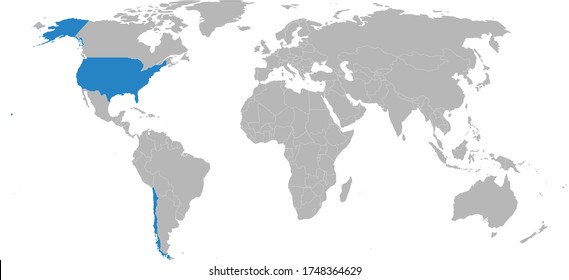 Chile, USA countries isolated on world map. Light gray background. Business concepts, diplomatic, trade and transport relations.